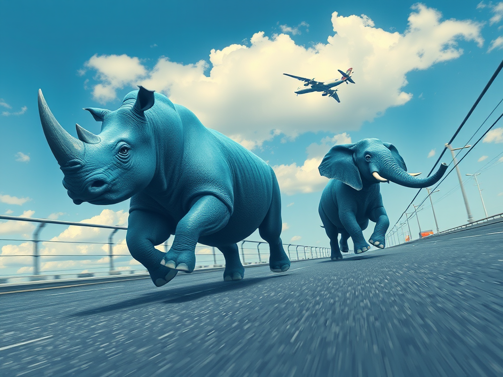 blue rhinoceros elephant racing akashi kaikyo bridge by Free AI Image Generator & Maker - No login required✨ | AIGAZOU