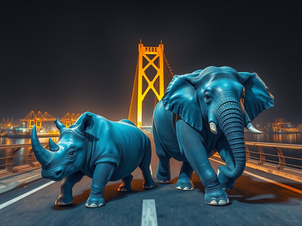 blue rhinoceros elephant racing kobe bridge by Free AI Image Generator & Maker - No login required✨ | AIGAZOU