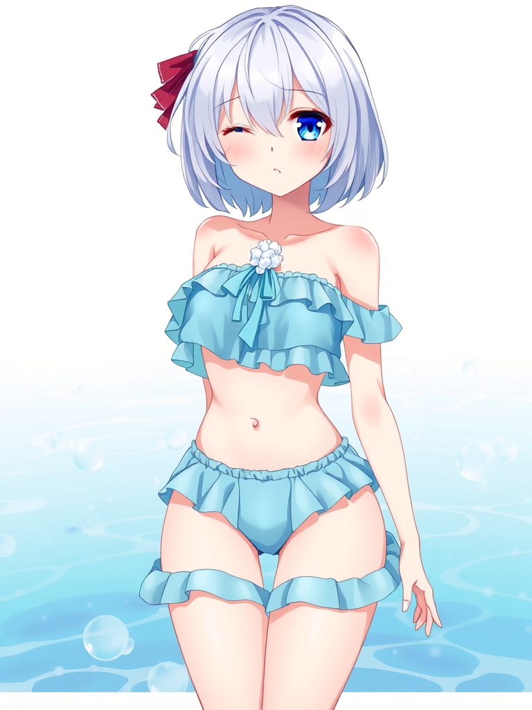 frilly swimsuit anime girl blue hair sea by Free AI Image Generator & Maker - No login required✨ | AIGAZOU