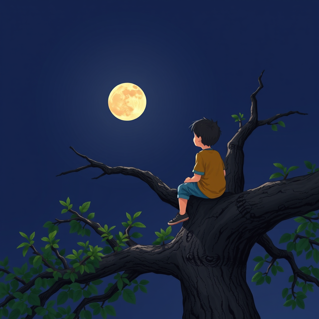 9 year old boy sits on tree watching moon by Free AI Image Generator & Maker - No login required✨ | AIGAZOU