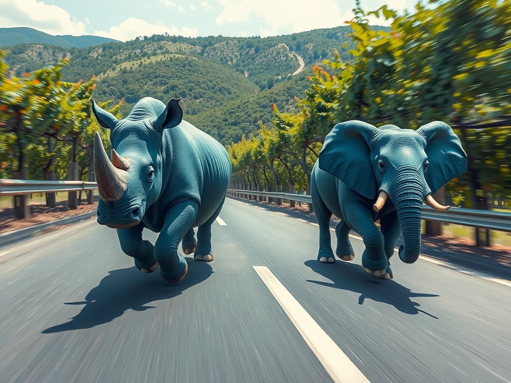 blue rhinoceros elephant racing grapevines sunlight by Free AI Image Generator & Maker - No login required✨ | AIGAZOU