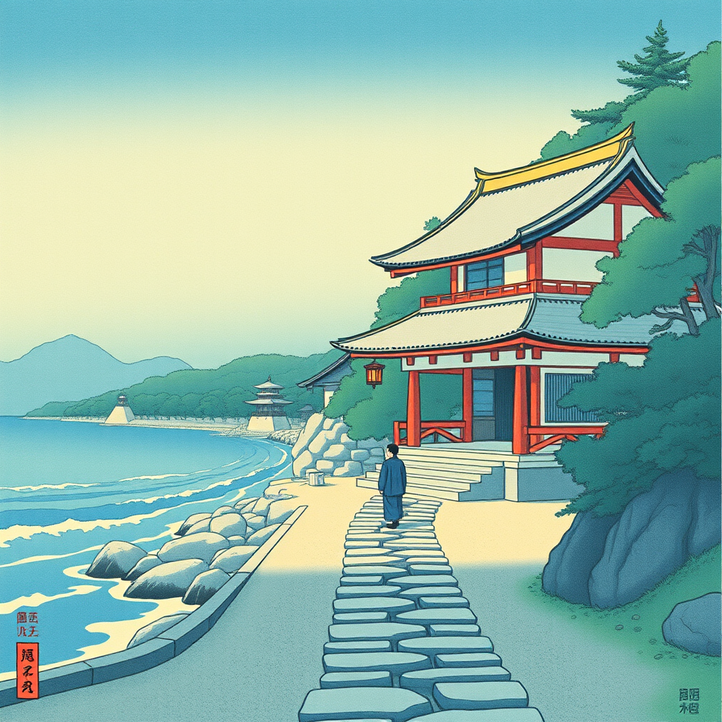 serene japanese shrine by sea by Free AI Image Generator & Maker - No login required✨ | AIGAZOU