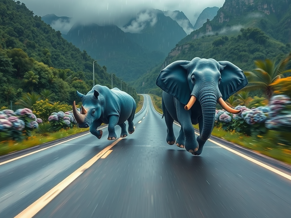 blue rhinoceros elephant racing highway stormy sky by Free AI Image Generator & Maker - No login required✨ | AIGAZOU
