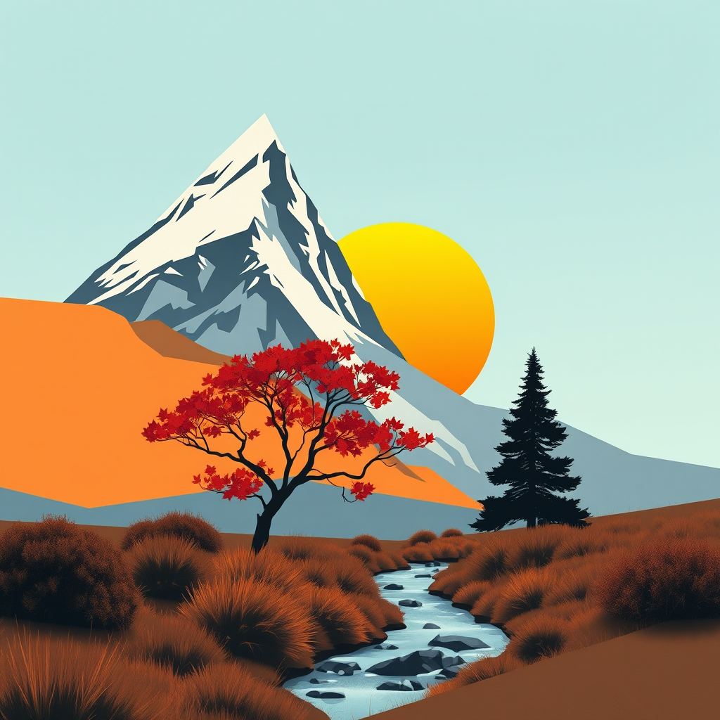 cubism wild mountain sunset maple tranquil by Free AI Image Generator & Maker - No login required✨ | AIGAZOU