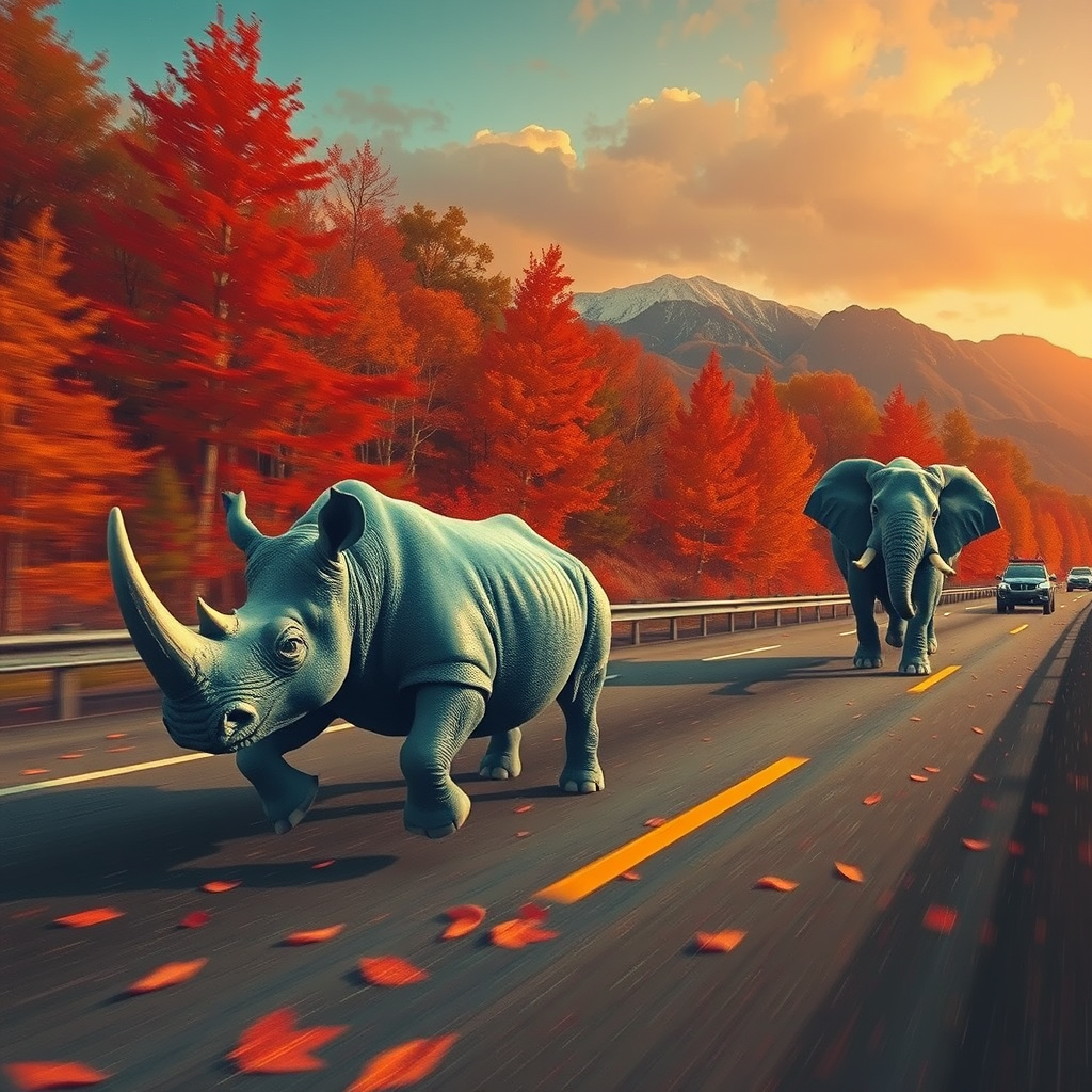 blue rhinoceros elephant racing highway autumn by Free AI Image Generator & Maker - No login required✨ | AIGAZOU