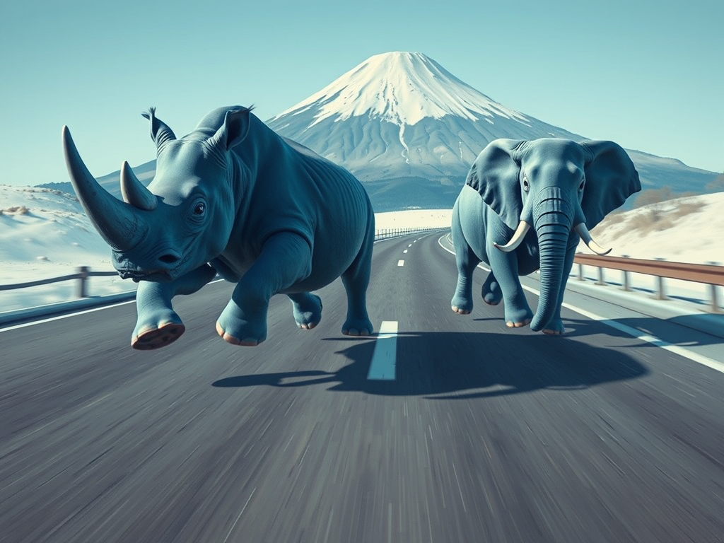 blue rhinoceros elephant racing mount fuji by Free AI Image Generator & Maker - No login required✨ | AIGAZOU