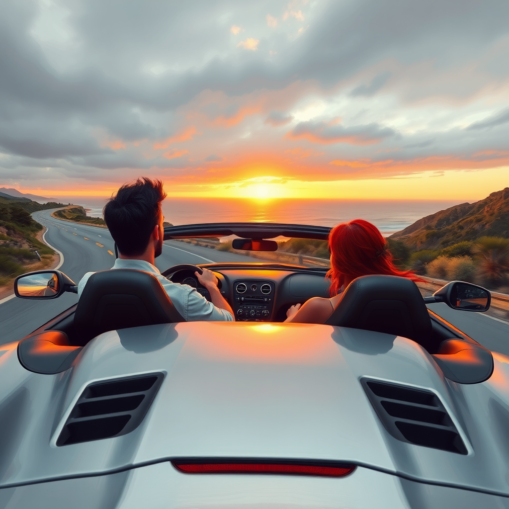 silver luxury sports car couple sunset by Free AI Image Generator & Maker - No login required✨ | AIGAZOU