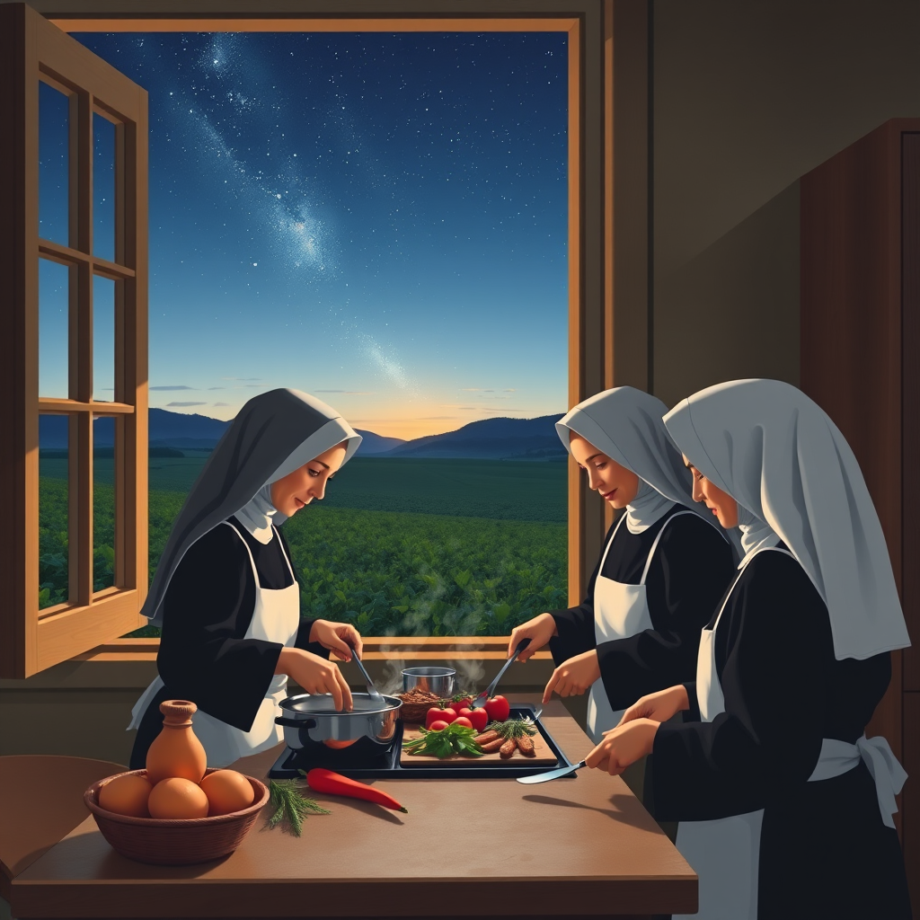 nuns cook dinner stars herb field by Free AI Image Generator & Maker - No login required✨ | AIGAZOU