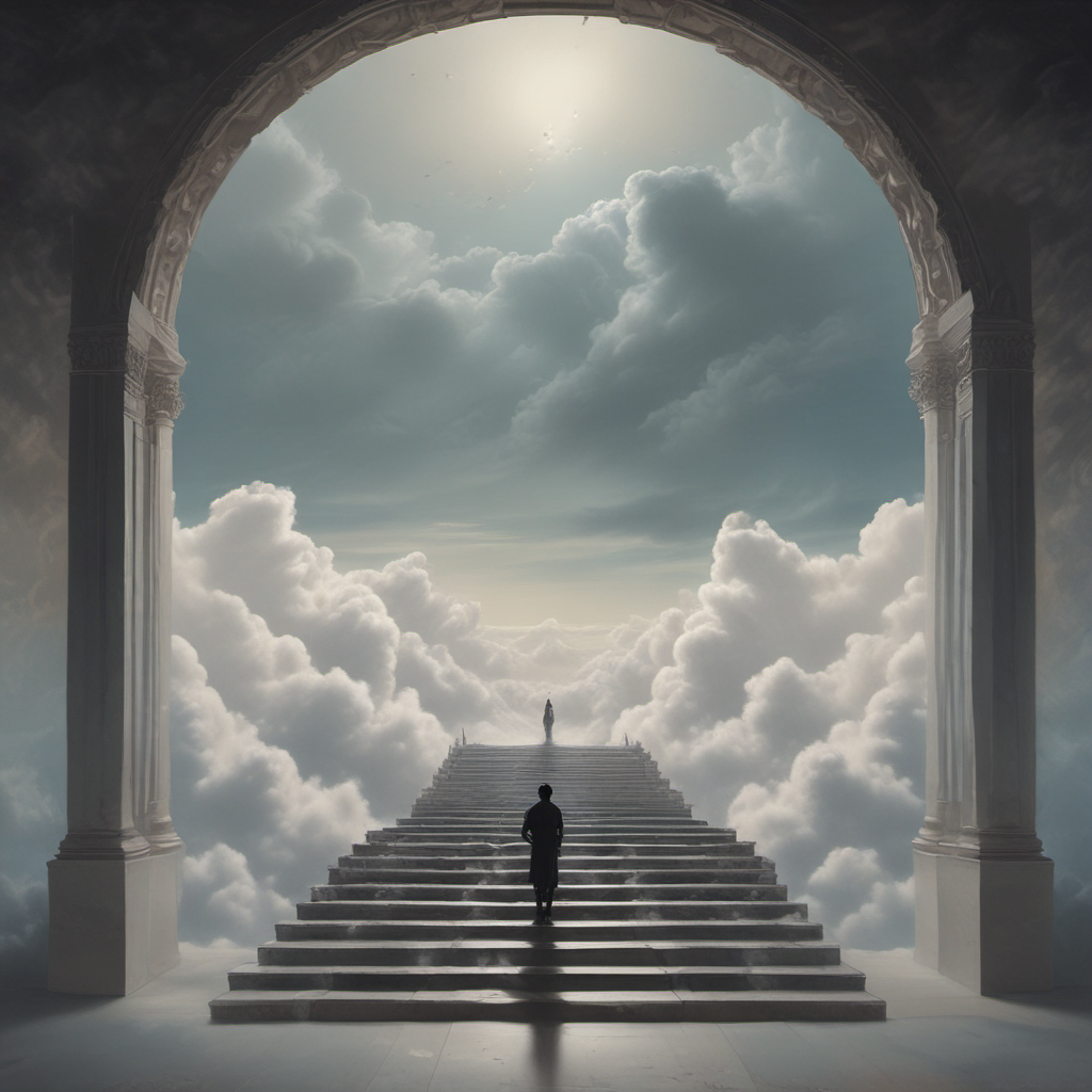 silhouette walking up cloud stairway by 免費AI圖像生成工具 AI製圖 | AIGAZOU