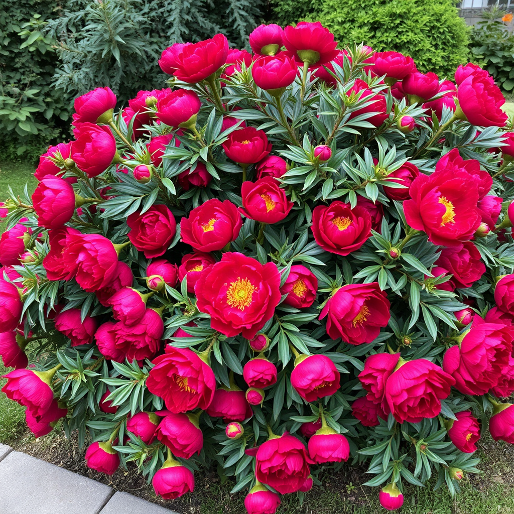 a lush shrub with dark red peony flowers by Free AI Image Generator & Maker - No login required✨ | AIGAZOU
