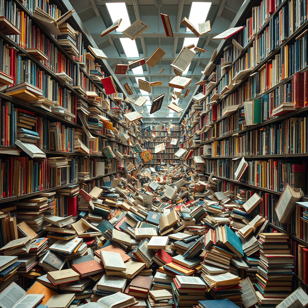 chaos in a library books falling by Free AI Image Generator & Maker - No login required✨ | AIGAZOU