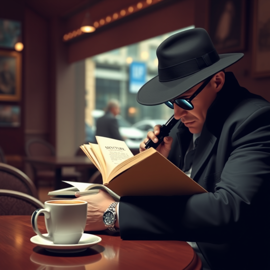 spy reading book coffee table cafe by Free AI Image Generator & Maker - No login required✨ | AIGAZOU