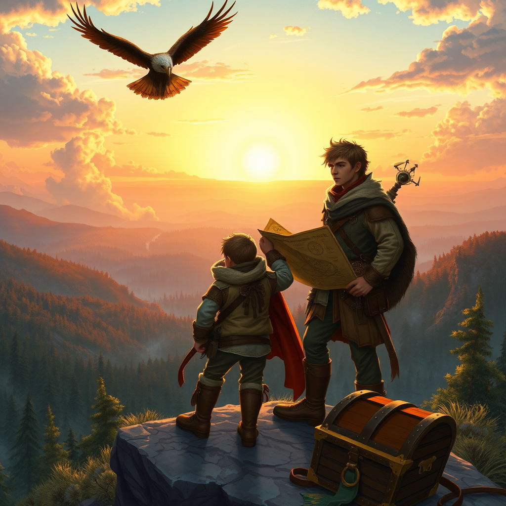 fantasy art two brothers adventurers cliff by Free AI Image Generator & Maker - No login required✨ | AIGAZOU