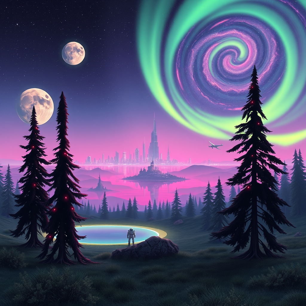 synthwave art vast ethereal landscape neon trees by Free AI Image Generator & Maker - No login required✨ | AIGAZOU