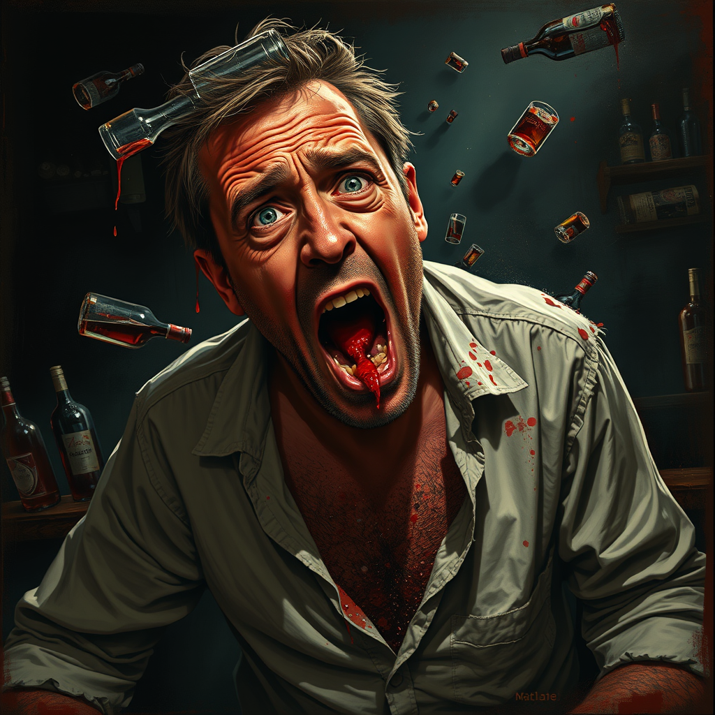 drunken man broken bottles vomiting dark bar by Free AI Image Generator & Maker - No login required✨ | AIGAZOU