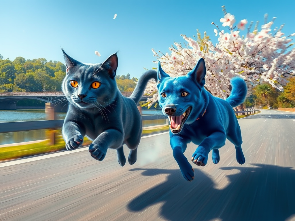 blue cat dog racing cherry blossoms sumida river by Free AI Image Generator & Maker - No login required✨ | AIGAZOU