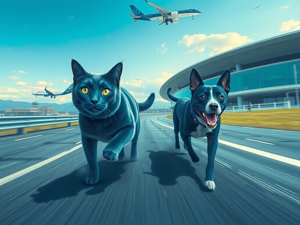 blue cat dog racing narita airport by Free AI Image Generator & Maker - No login required✨ | AIGAZOU