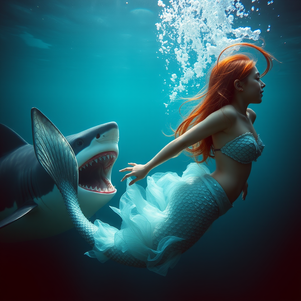 girl mermaid underwater attacked by shark by Free AI Image Generator & Maker - No login required✨ | AIGAZOU