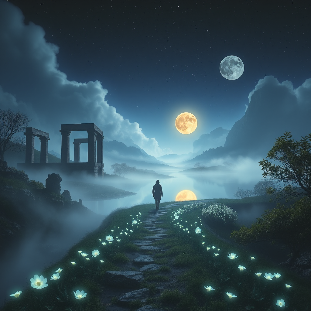 mystical landscape ancient ruins ethereal mist lone figure by Free AI Image Generator & Maker - No login required✨ | AIGAZOU