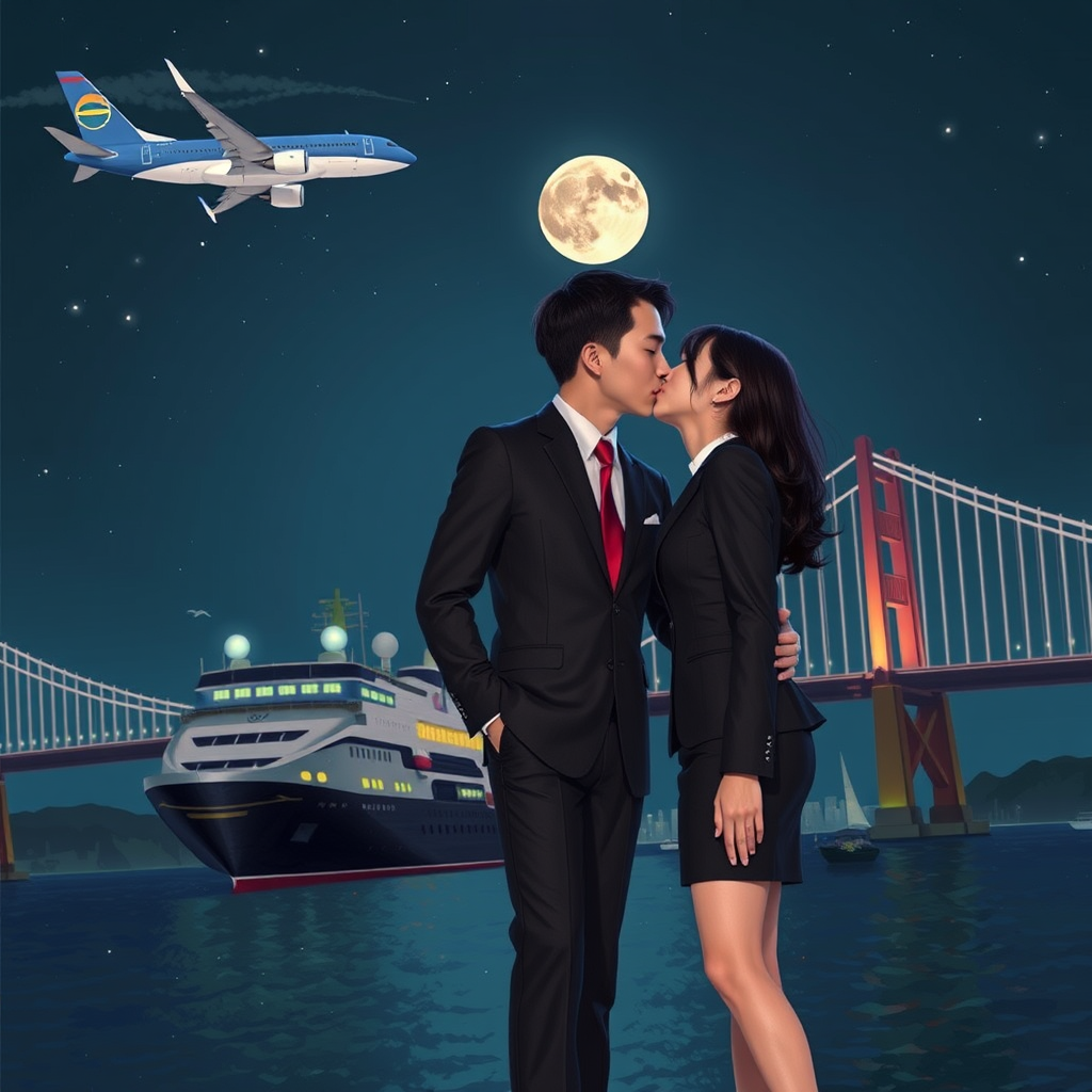 young japanese couple kissing under moon by Free AI Image Generator & Maker - No login required✨ | AIGAZOU
