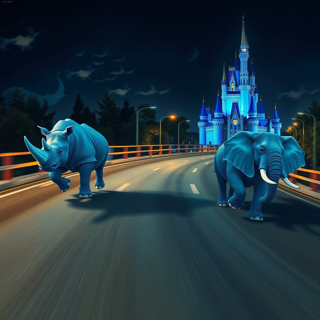 blue rhinoceros elephant race cinderella castle by Free AI Image Generator & Maker - No login required✨ | AIGAZOU