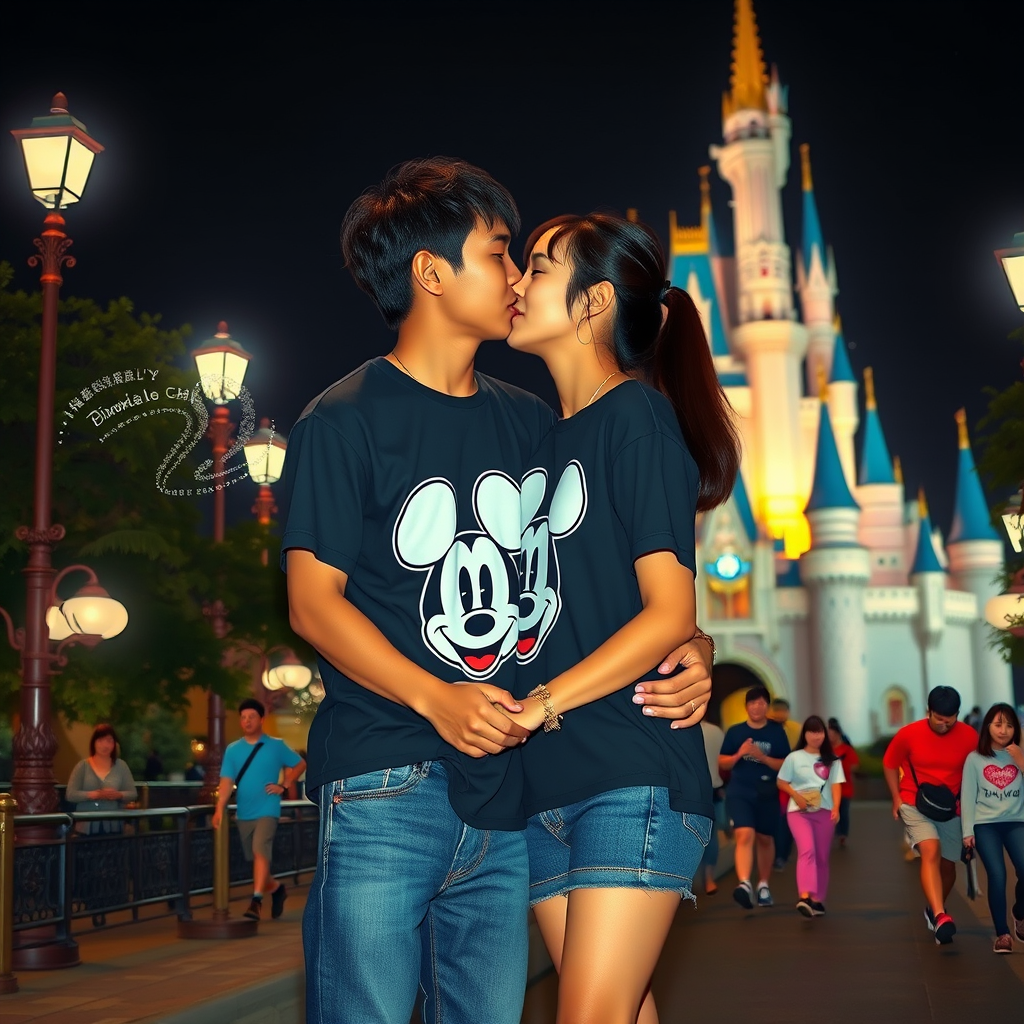 young japanese couple kissing tokyo disneyland night by Free AI Image Generator & Maker - No login required✨ | AIGAZOU