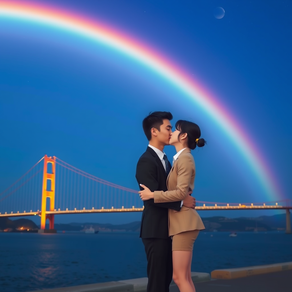 young japanese couple kissing night bridge rainbow by Tạo hình ảnh AI miễn phí - Không cần đăng nhập✨ | AIGAZOU