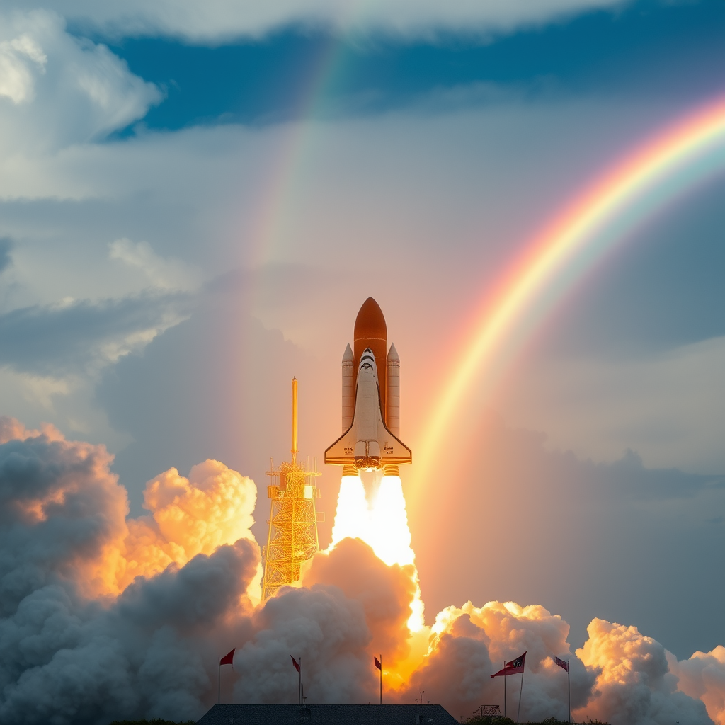 space shuttle launch smoke fire rainbow by Free AI Image Generator & Maker - No login required✨ | AIGAZOU