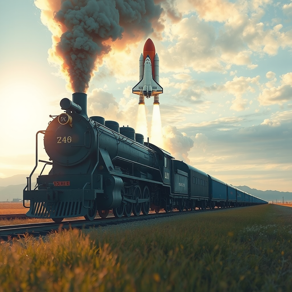 vintage steam locomotive space shuttle launch by Free AI Image Generator & Maker - No login required✨ | AIGAZOU