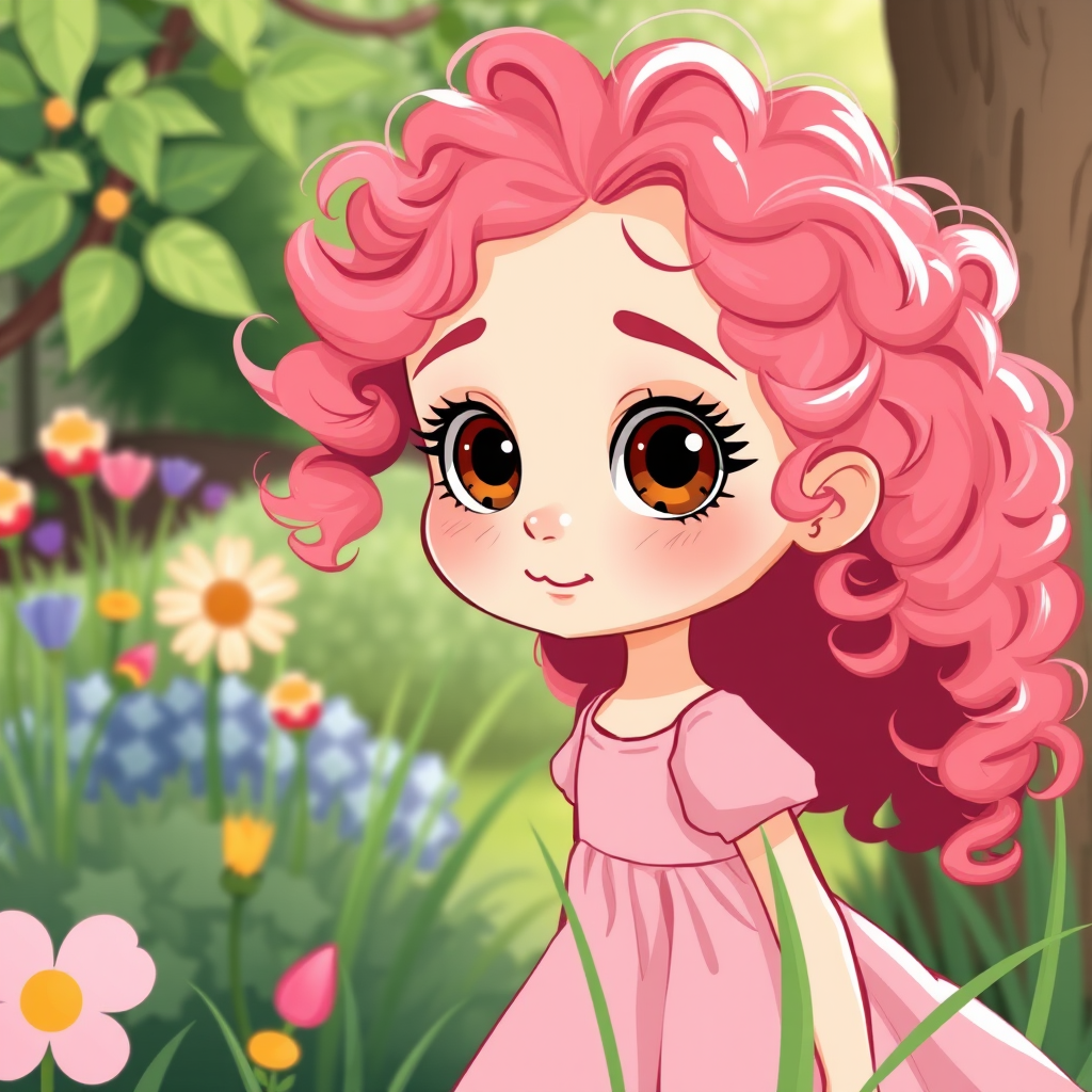illustration girl pink curly hair brown eyes by Free AI Image Generator & Maker - No login required✨ | AIGAZOU
