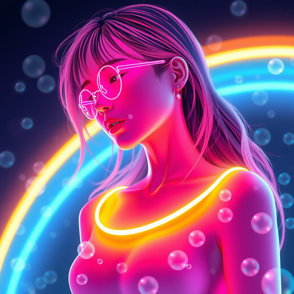 3dcg art neon girl silhouette with soap bubbles by Free AI Image Generator & Maker - No login required✨ | AIGAZOU