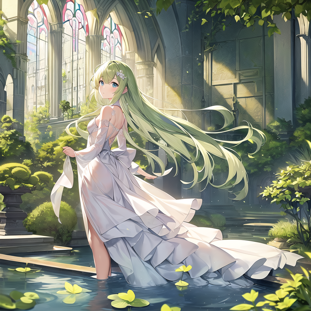 young girl white dress stone castle by Free AI Image Generator & Maker - No login required✨ | AIGAZOU