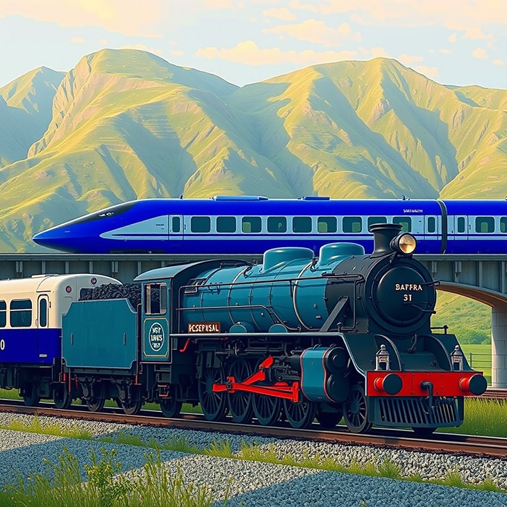 vintage steam locomotive futuristic shinkansen mountains by Free AI Image Generator & Maker - No login required✨ | AIGAZOU