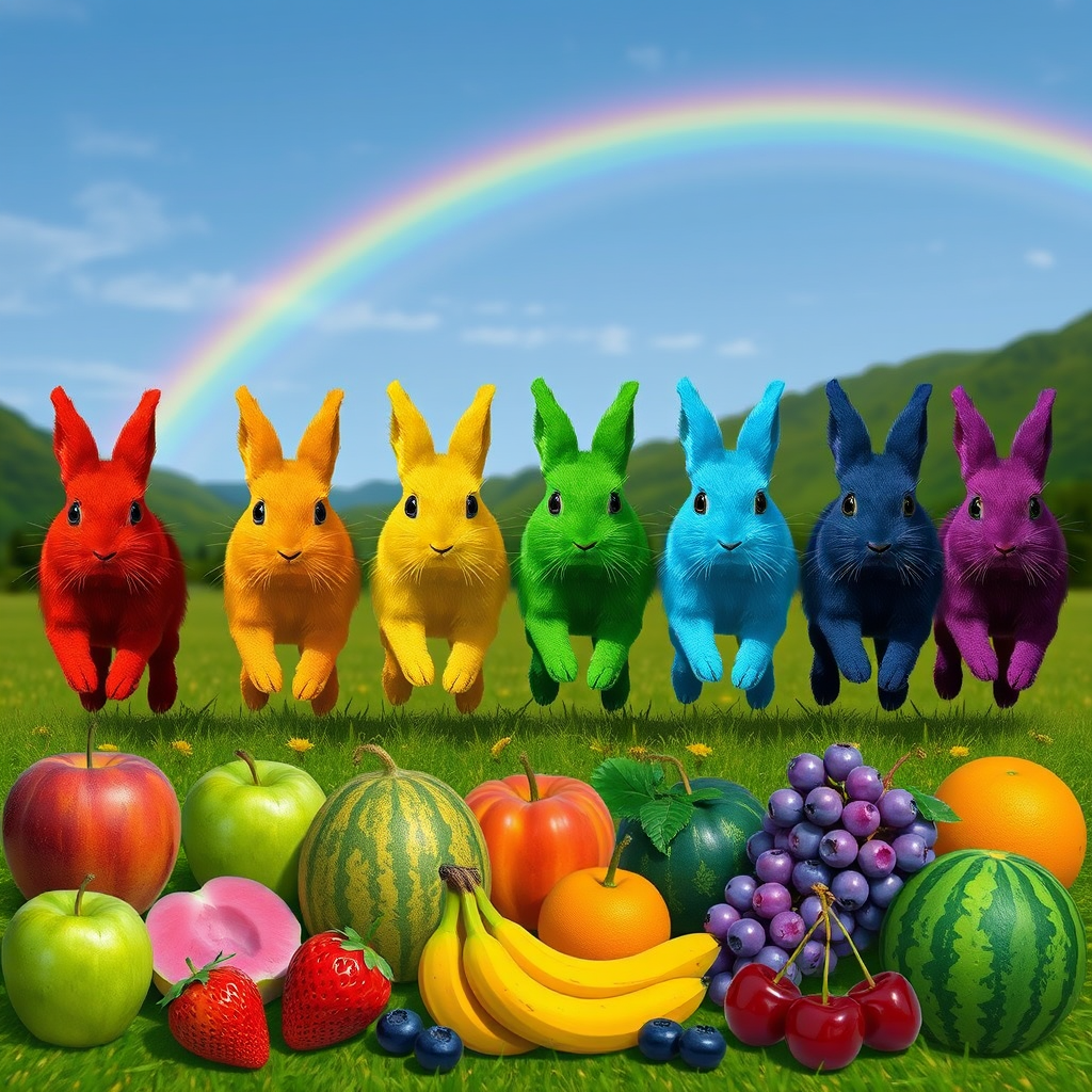 rainbow rabbits colorful fruits nature scene by Free AI Image Generator & Maker - No login required✨ | AIGAZOU