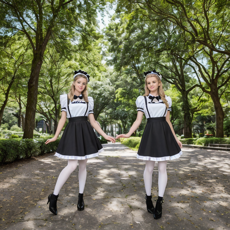 two young women in maid costumes outdoors by Free AI Image Generator & Maker - No login required✨ | AIGAZOU