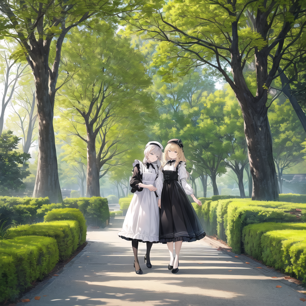 two young women in maid costumes outdoors by Free AI Image Generator & Maker - No login required✨ | AIGAZOU