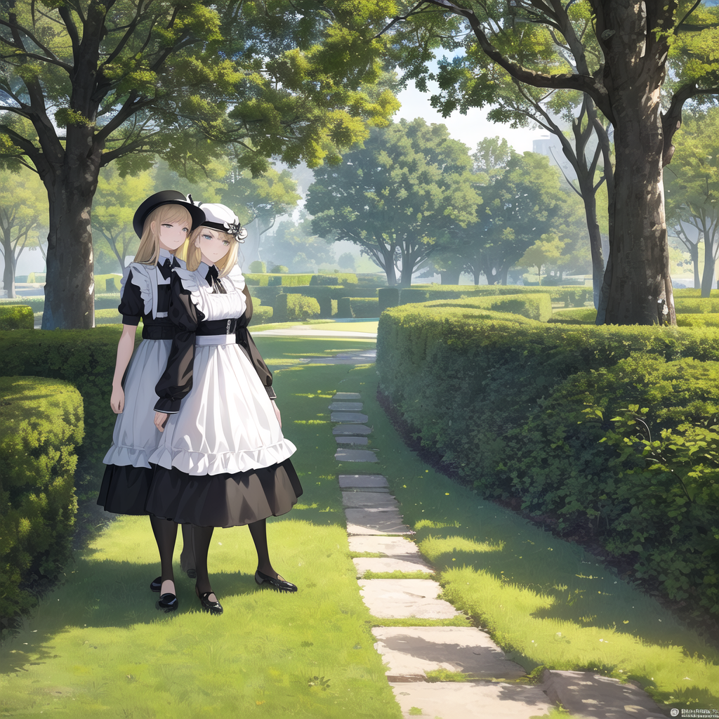 two young women in maid costumes outdoors by Free AI Image Generator & Maker - No login required✨ | AIGAZOU