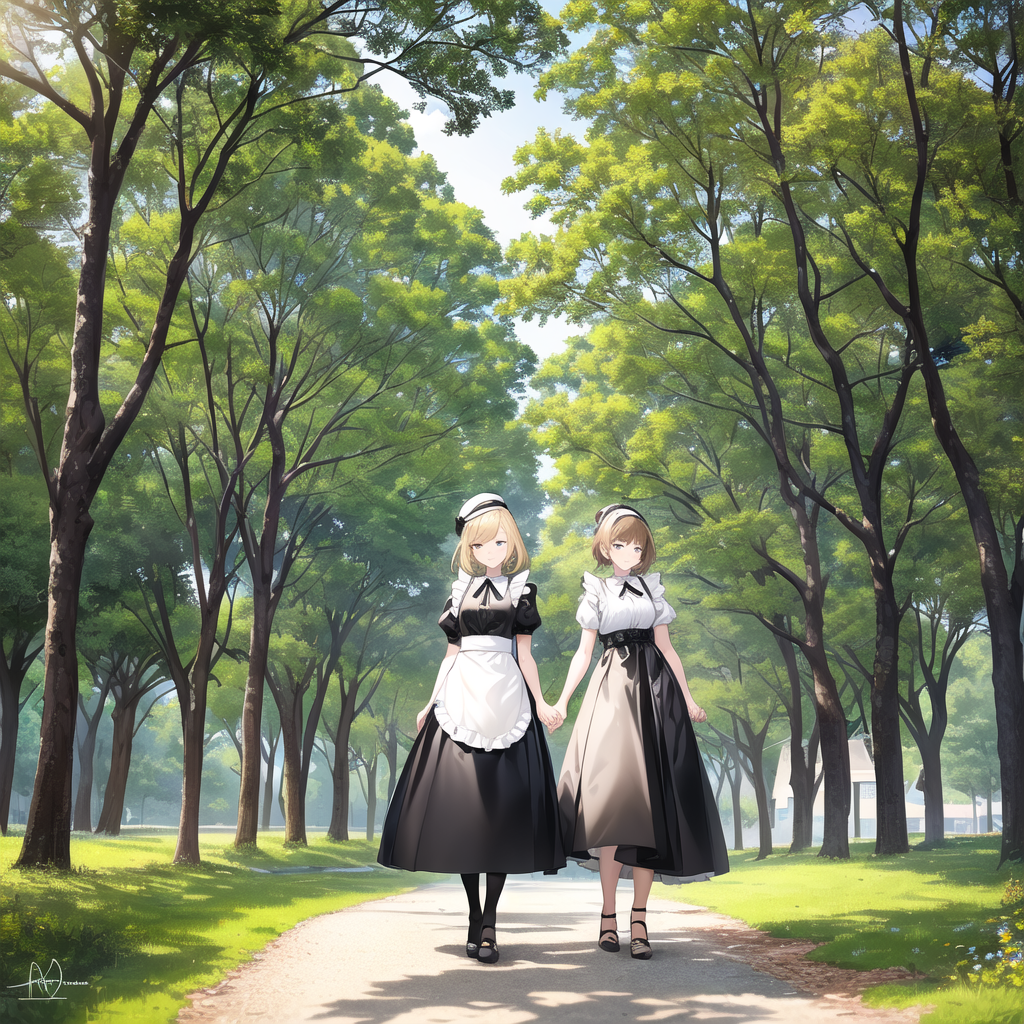 two young women in maid costumes outdoors by Free AI Image Generator & Maker - No login required✨ | AIGAZOU
