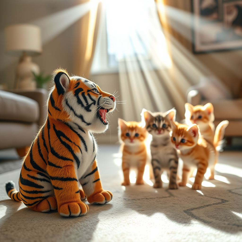 sunlit living room british shorthair kittens stuffed tiger by Free AI Image Generator & Maker - No login required✨ | AIGAZOU