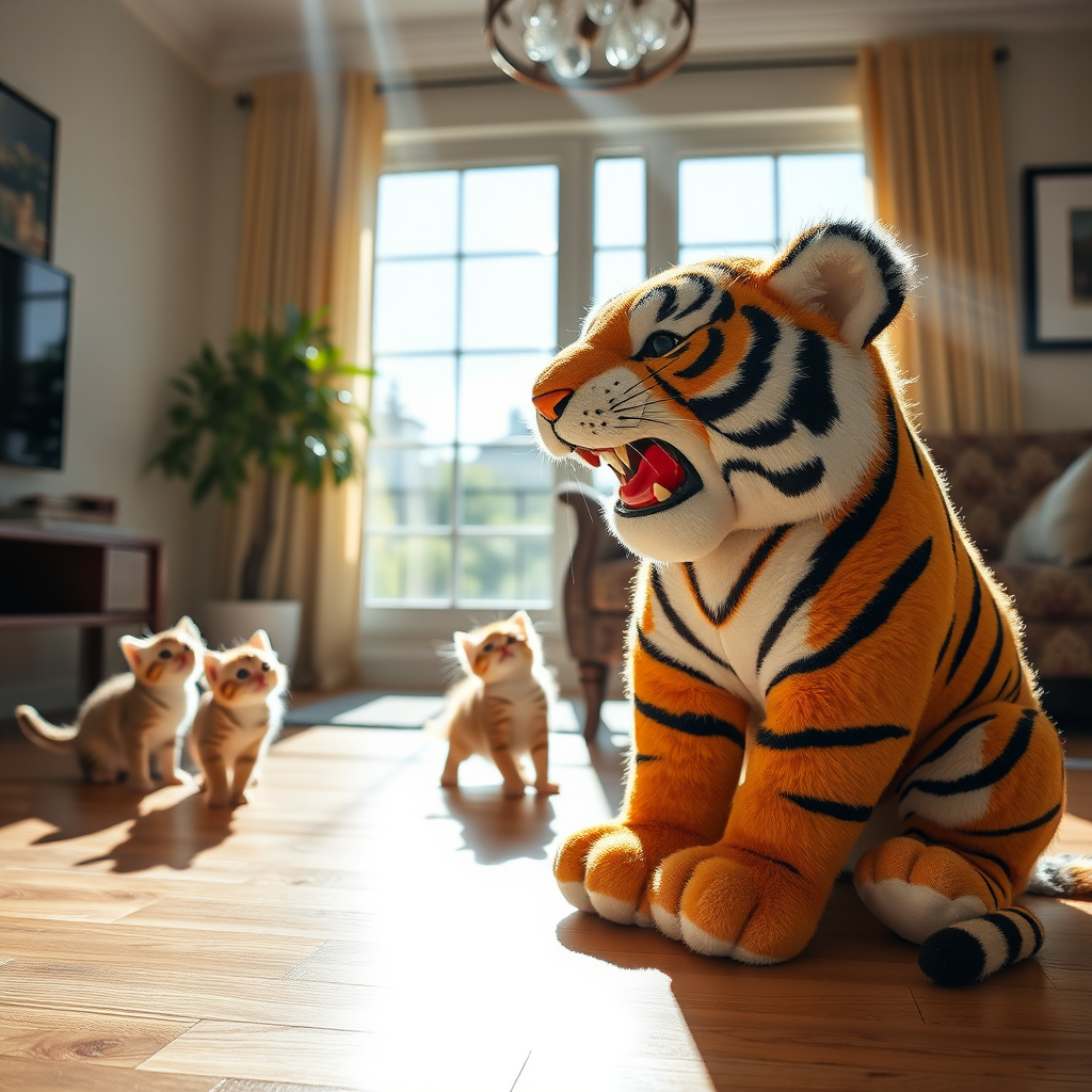 sunny day kittens watch stuffed tiger by Free AI Image Generator & Maker - No login required✨ | AIGAZOU