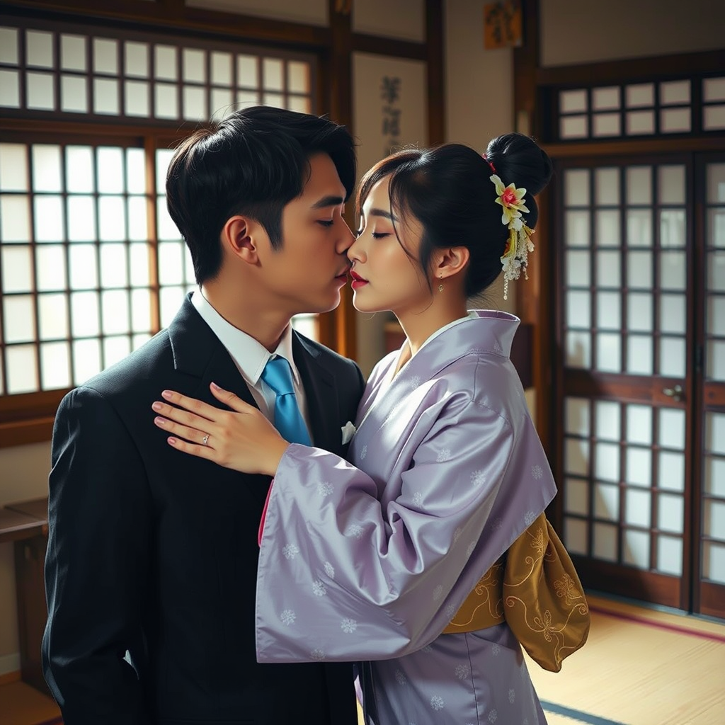 realistic photography japanese couple kissing ryokan by Free AI Image Generator & Maker - No login required✨ | AIGAZOU