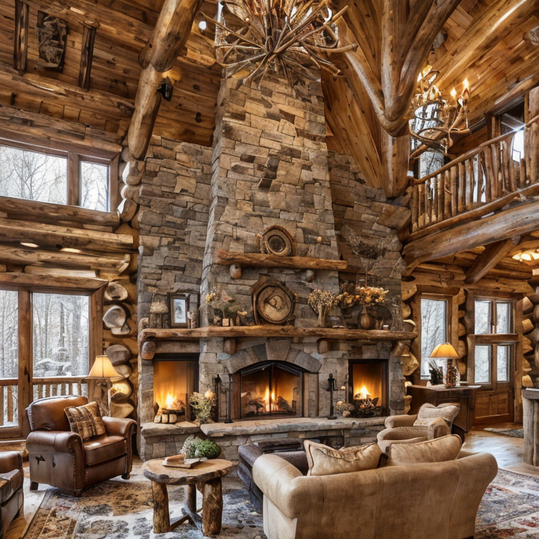 cozy log cabin living room fireplace by Free AI Image Generator & Maker - No login required✨ | AIGAZOU