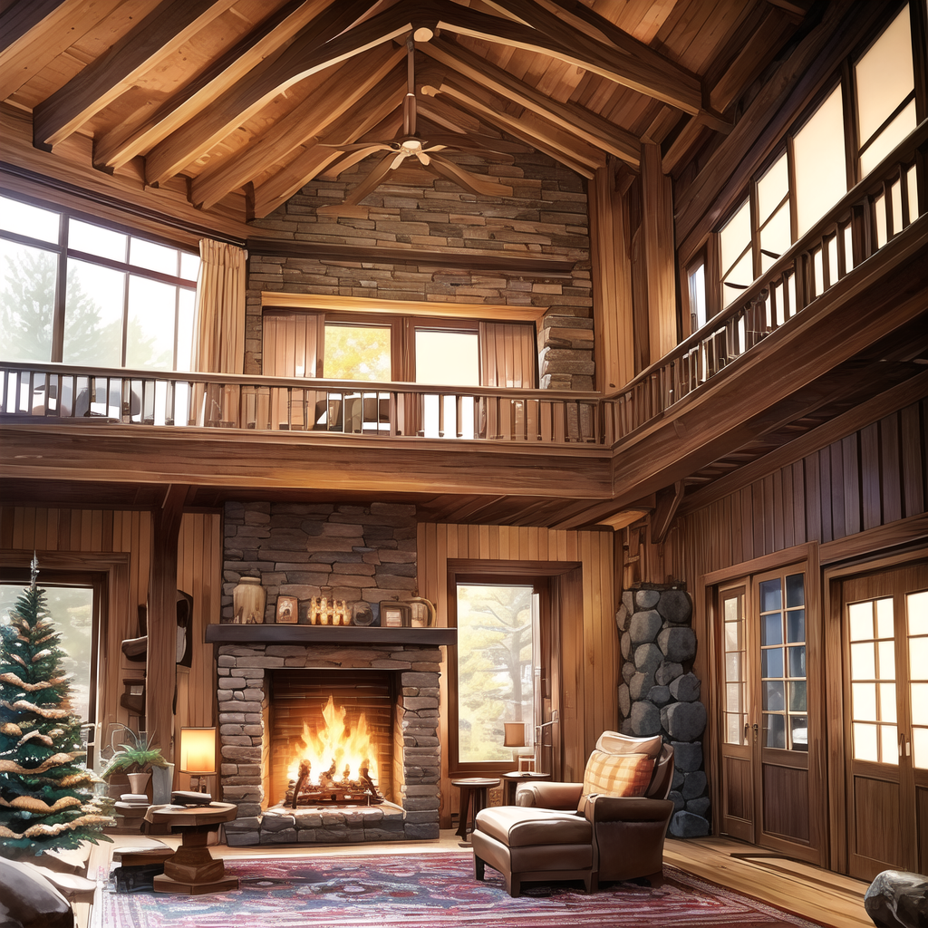 cozy log cabin living room fireplace by Free AI Image Generator & Maker - No login required✨ | AIGAZOU