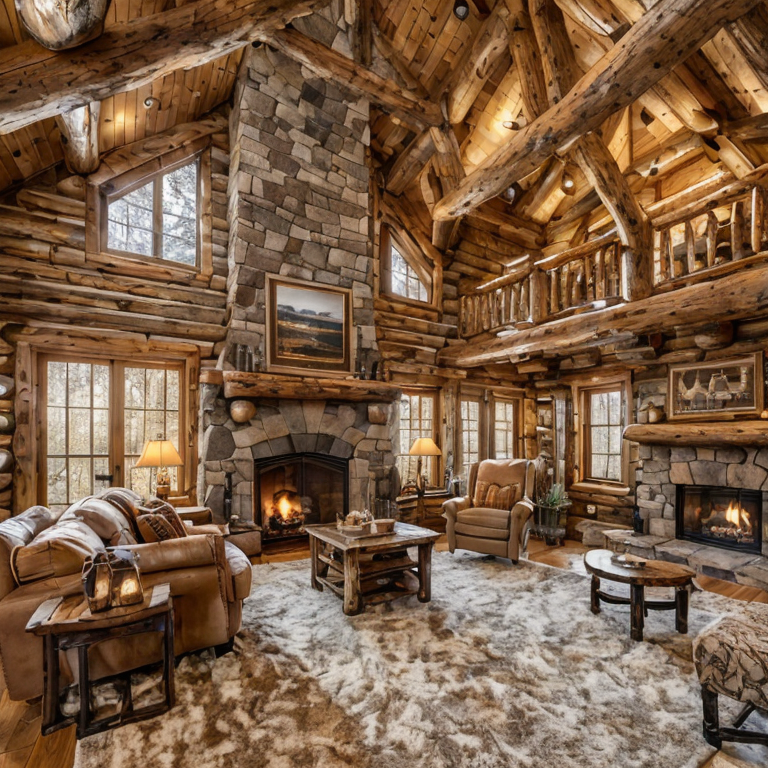 cozy log cabin living room fireplace by Free AI Image Generator & Maker - No login required✨ | AIGAZOU