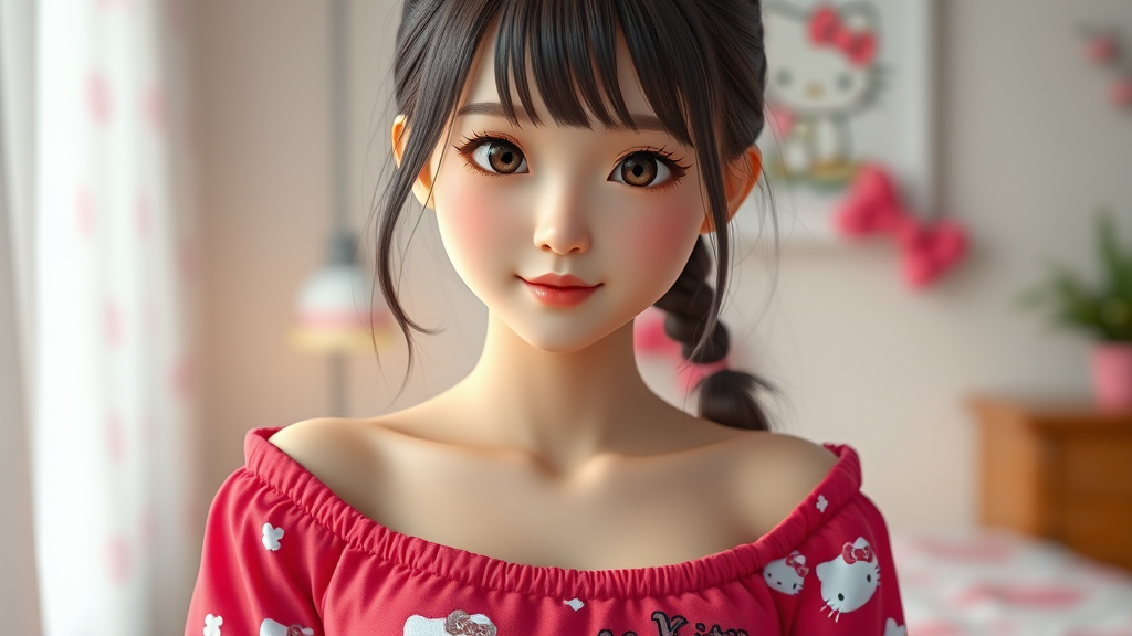 open collar off shoulder pajamas hello kitty 18 year old girl by Free AI Image Generator & Maker - No login required✨ | AIGAZOU