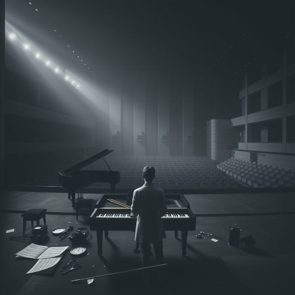 silent world gray monochrome broken instruments lone figure by Free AI Image Generator & Maker - No login required✨ | AIGAZOU
