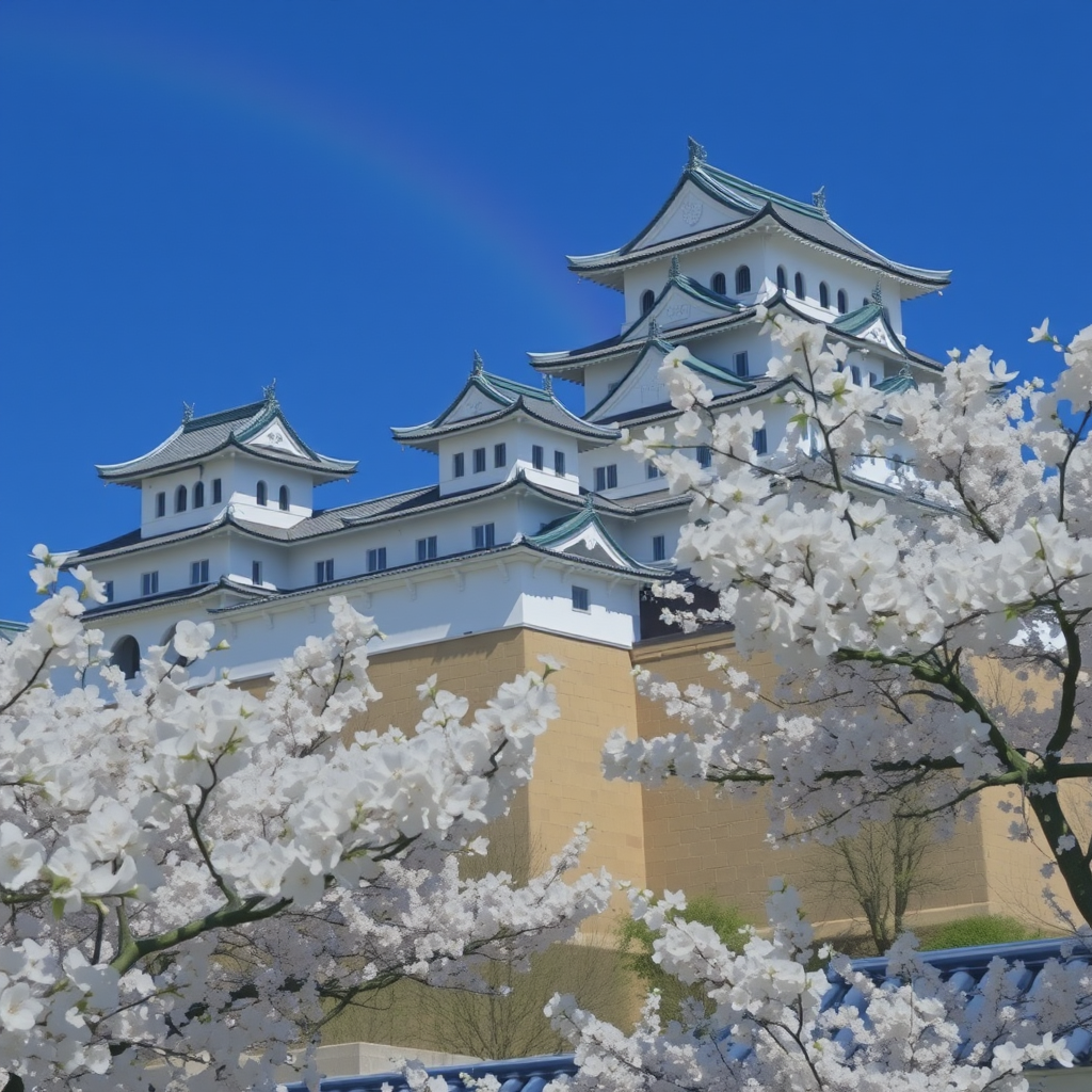 majestic himeji castle with rainbow cherry blossoms by Free AI Image Generator & Maker - No login required✨ | AIGAZOU