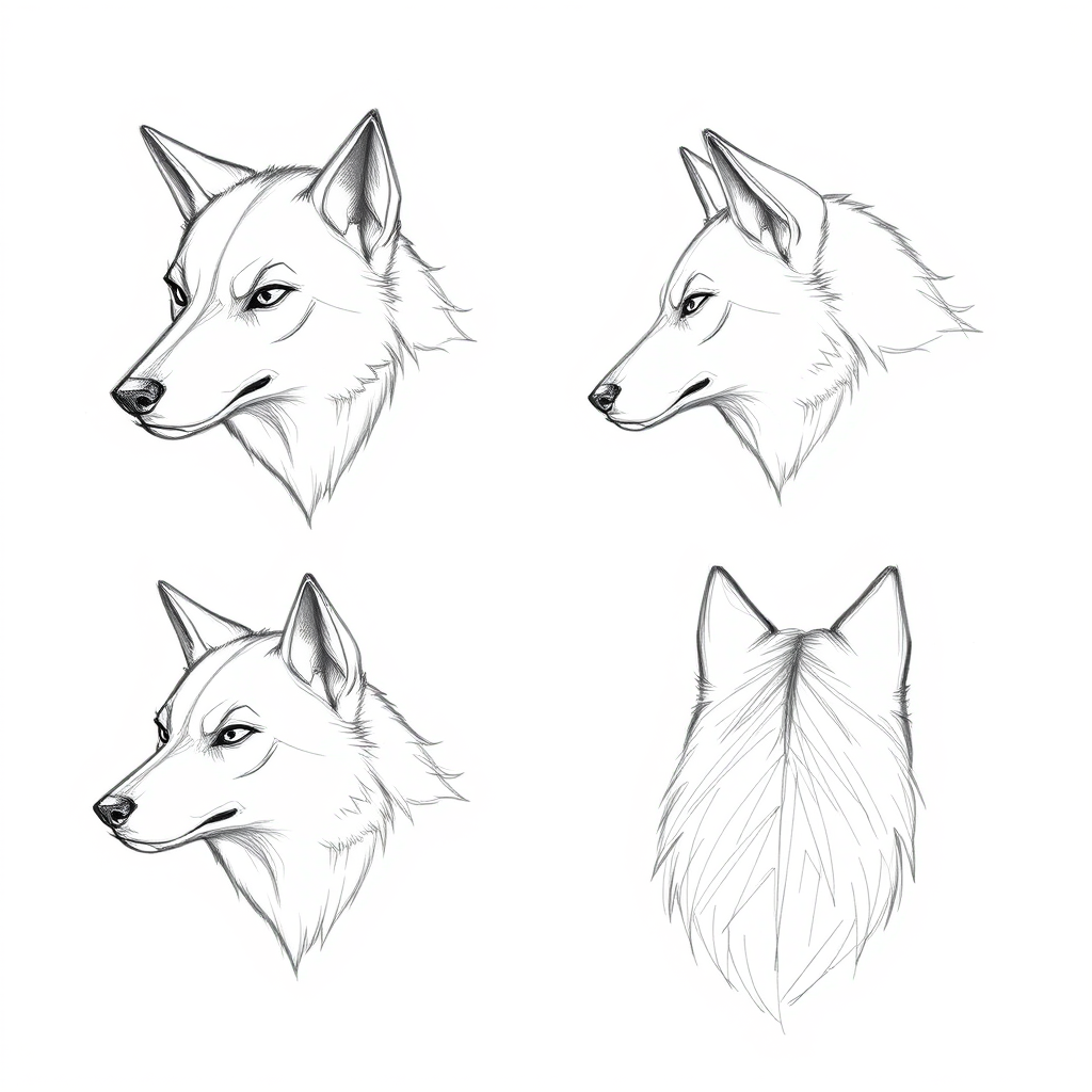 wolf head sketch four angles concept art by Free AI Image Generator & Maker - No login required✨ | AIGAZOU