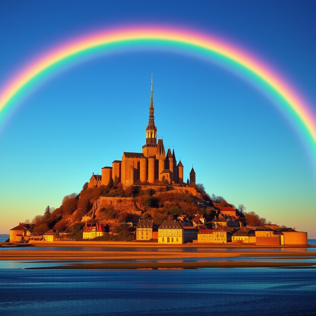mont saint michel rainbow golden hour tranquility by Free AI Image Generator & Maker - No login required✨ | AIGAZOU
