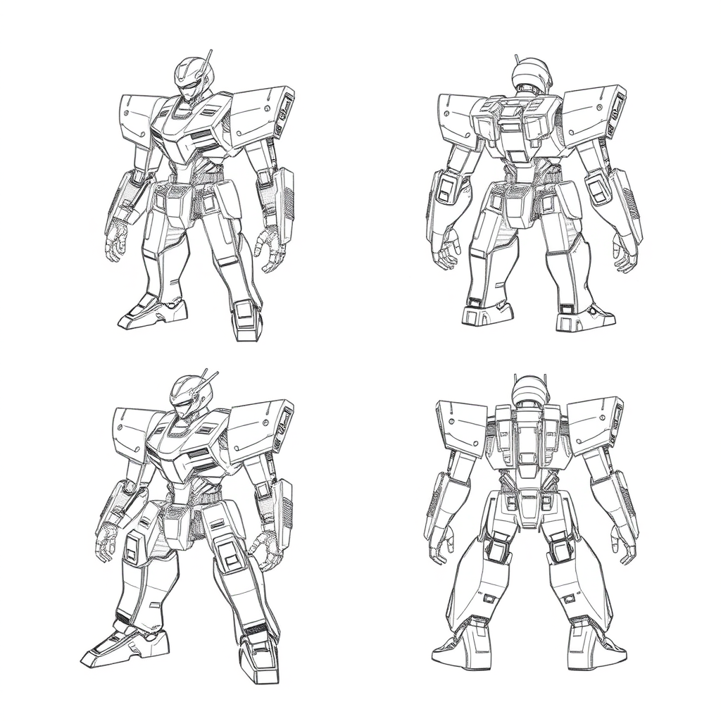 clean pencil sketch mecha body four angles by Free AI Image Generator & Maker - No login required✨ | AIGAZOU